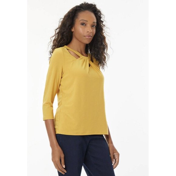 Kasper Yellow 3/4-Sleeve Twist-Neck Blouse Top Marigold Size PS - Picture 2 of 7
